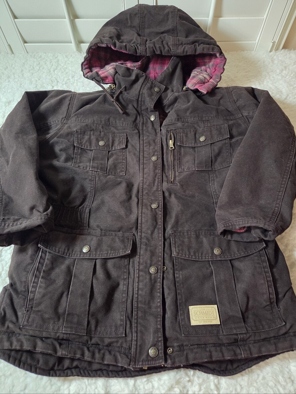 C.E.Schmidt Workwear Ladies Brown with Plaid Lining Cotton Shell Jacket Sz L